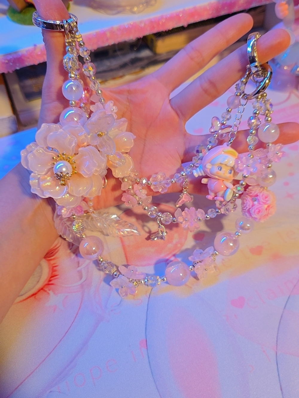 Handmade Pink Floral Bag Chain With QoQo